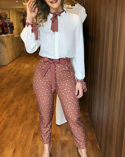 Tied Detail Top &amp; Polka Dot Print Pants Set Casual Women Two Piece Set Outfits Office Workwear
