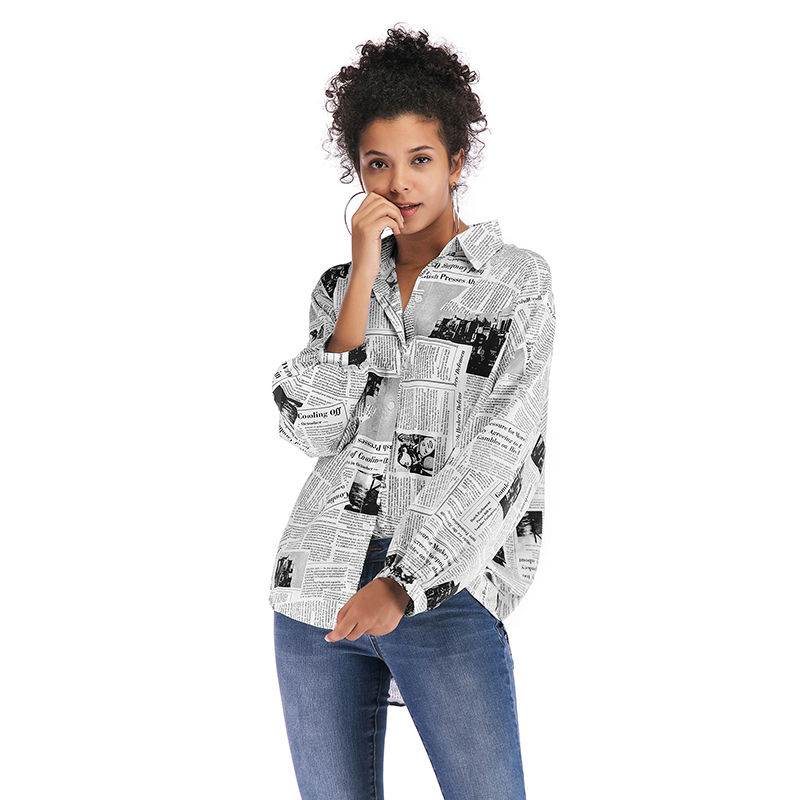 2021 High quality Women Blouse Print Newspaper Shirt Lady Long Sleeves Letter Shirt Loose Casual  African Streetwear