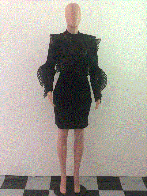 2021 High quality Women Sexy Dress Lace Hollow Out See Throught Ruffles Long Sleeve Bodybon Party CLub Dresses