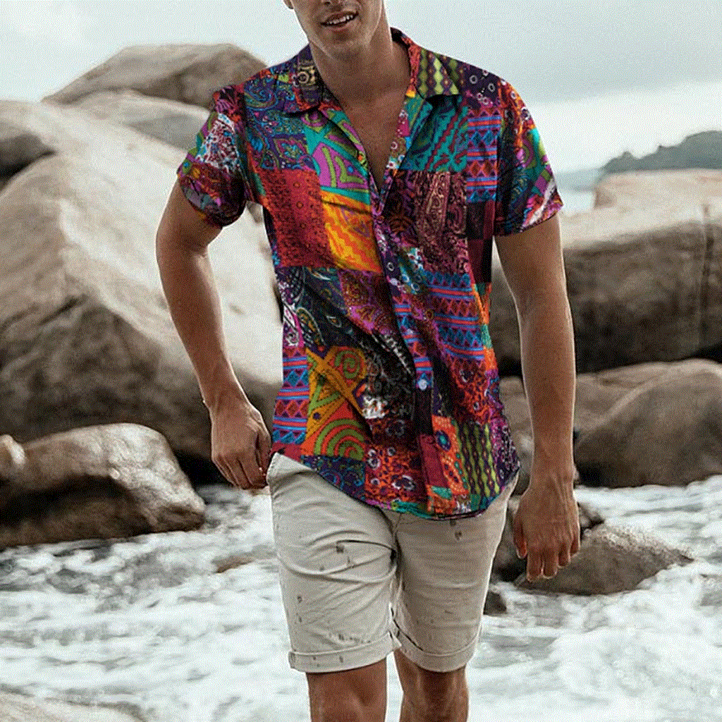 2021 High quality Mens Ethnic Short Sleeve Beach Hawaiian Shirt Tropical Summer Cotton