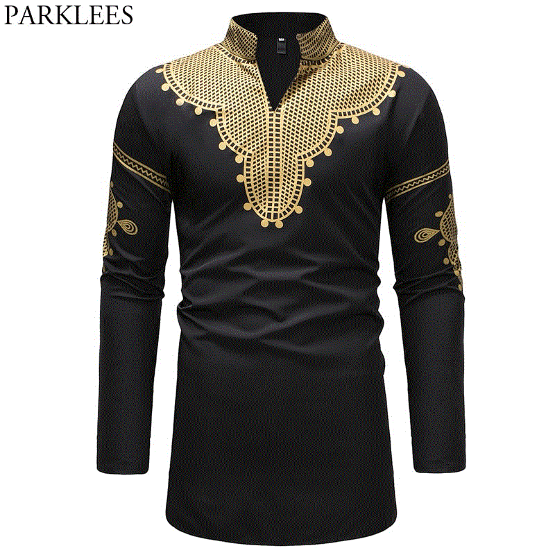2021 High quality Black Longline African Dashiki Shirt Men Traditional Dashiki Long Sleeve