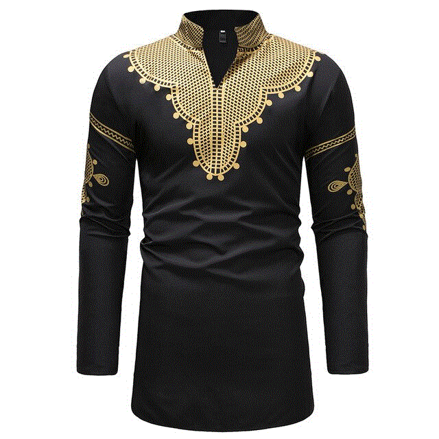 2021 High quality Black Longline African Dashiki Shirt Men Traditional Dashiki Long Sleeve