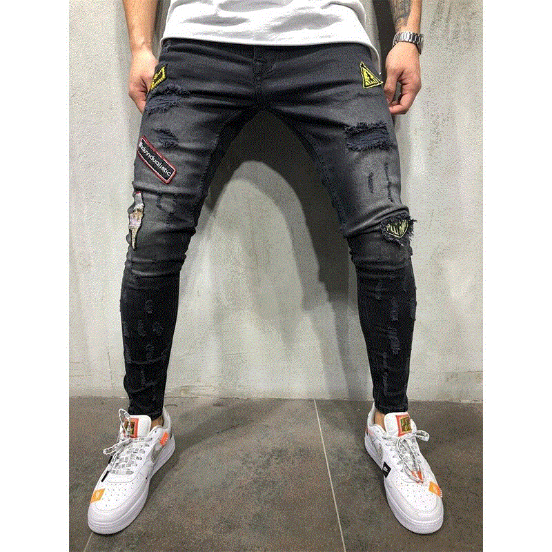 2021 High quality jeans for mens slim fit classic male  jeans Trousers Casual Straight Ripped Destroyed Stretch Denim Jeans Hip hop Printed jeans