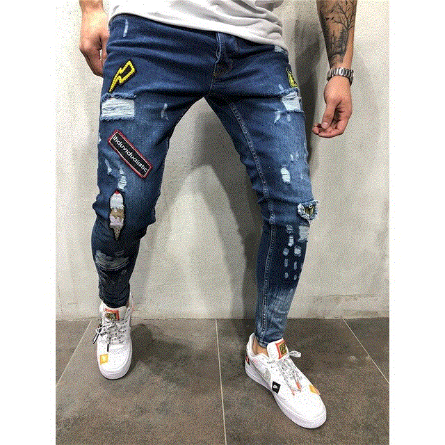 2021 High quality jeans for mens slim fit classic male  jeans Trousers Casual Straight Ripped Destroyed Stretch Denim Jeans Hip hop Printed jeans