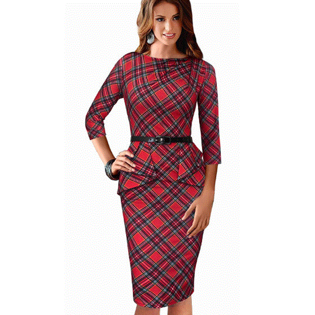 2021 High quality Autumn Vintage Red Plaid Peplum Dresses Business Office Bodycon Fitted Women Pencil Dress