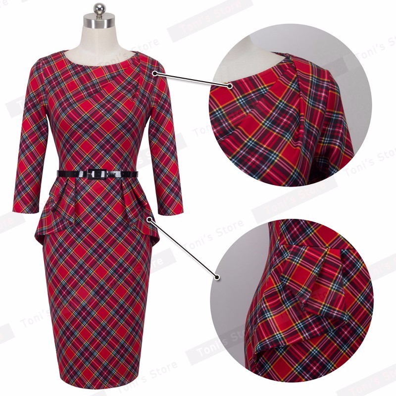 2021 High quality Autumn Vintage Red Plaid Peplum Dresses Business Office Bodycon Fitted Women Pencil Dress