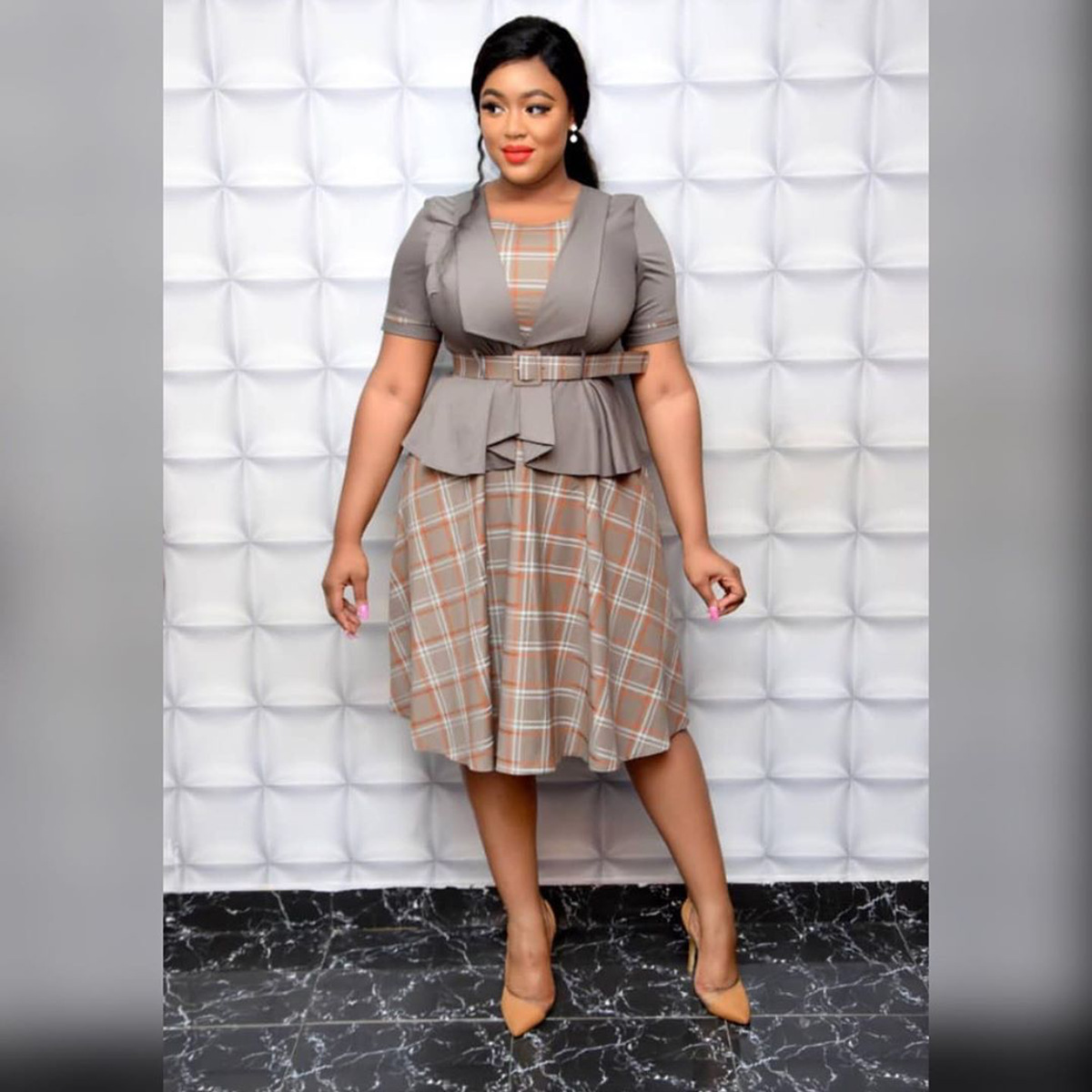 2021 High quality Solid color suit collar Slim big swing A-line skirt large size African fashion women fake two pieces