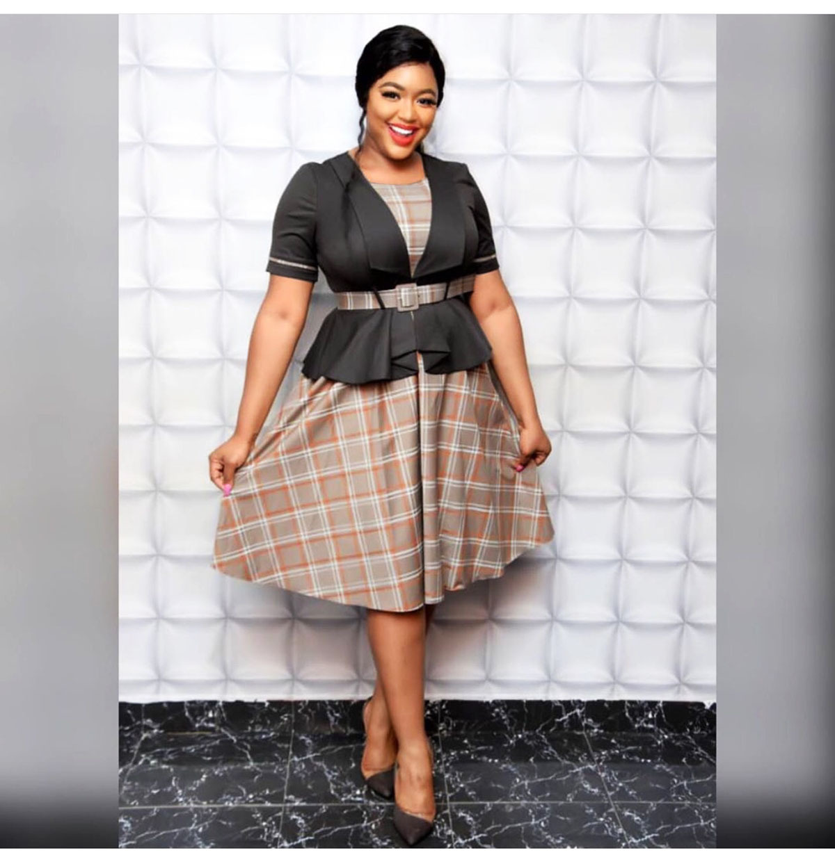 2021 High quality Solid color suit collar Slim big swing A-line skirt large size African fashion women fake two pieces