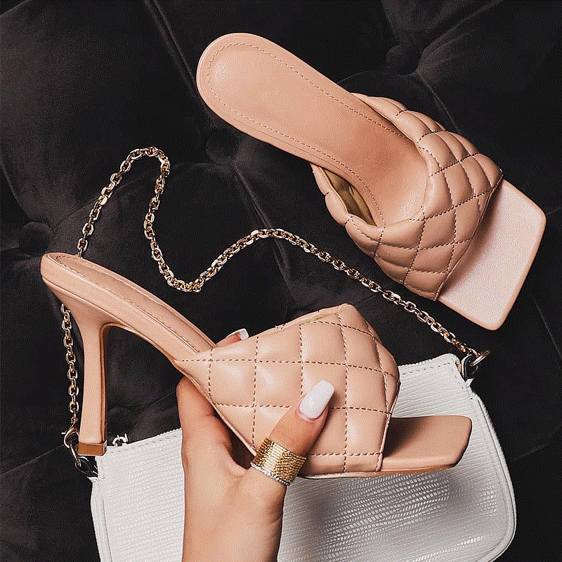2021 High quality Marian Sqaure Toe Red Quilted Mule Heels Shoe Black PU High Heel Shoes Women Sandals Sliper Woman Shoes zapatos mujer White Blue
