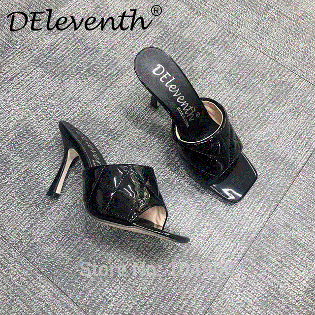2021 High quality Marian Sqaure Toe Red Quilted Mule Heels Shoe Black PU High Heel Shoes Women Sandals Sliper Woman Shoes zapatos mujer White Blue