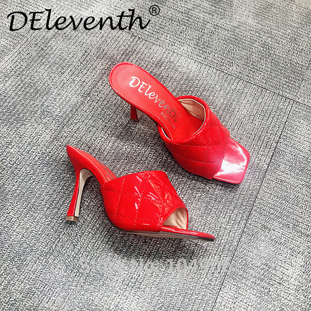 2021 High quality Marian Sqaure Toe Red Quilted Mule Heels Shoe Black PU High Heel Shoes Women Sandals Sliper Woman Shoes zapatos mujer White Blue