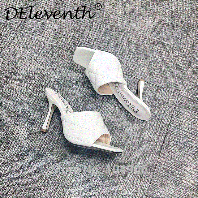 2021 High quality Marian Sqaure Toe Red Quilted Mule Heels Shoe Black PU High Heel Shoes Women Sandals Sliper Woman Shoes zapatos mujer White Blue