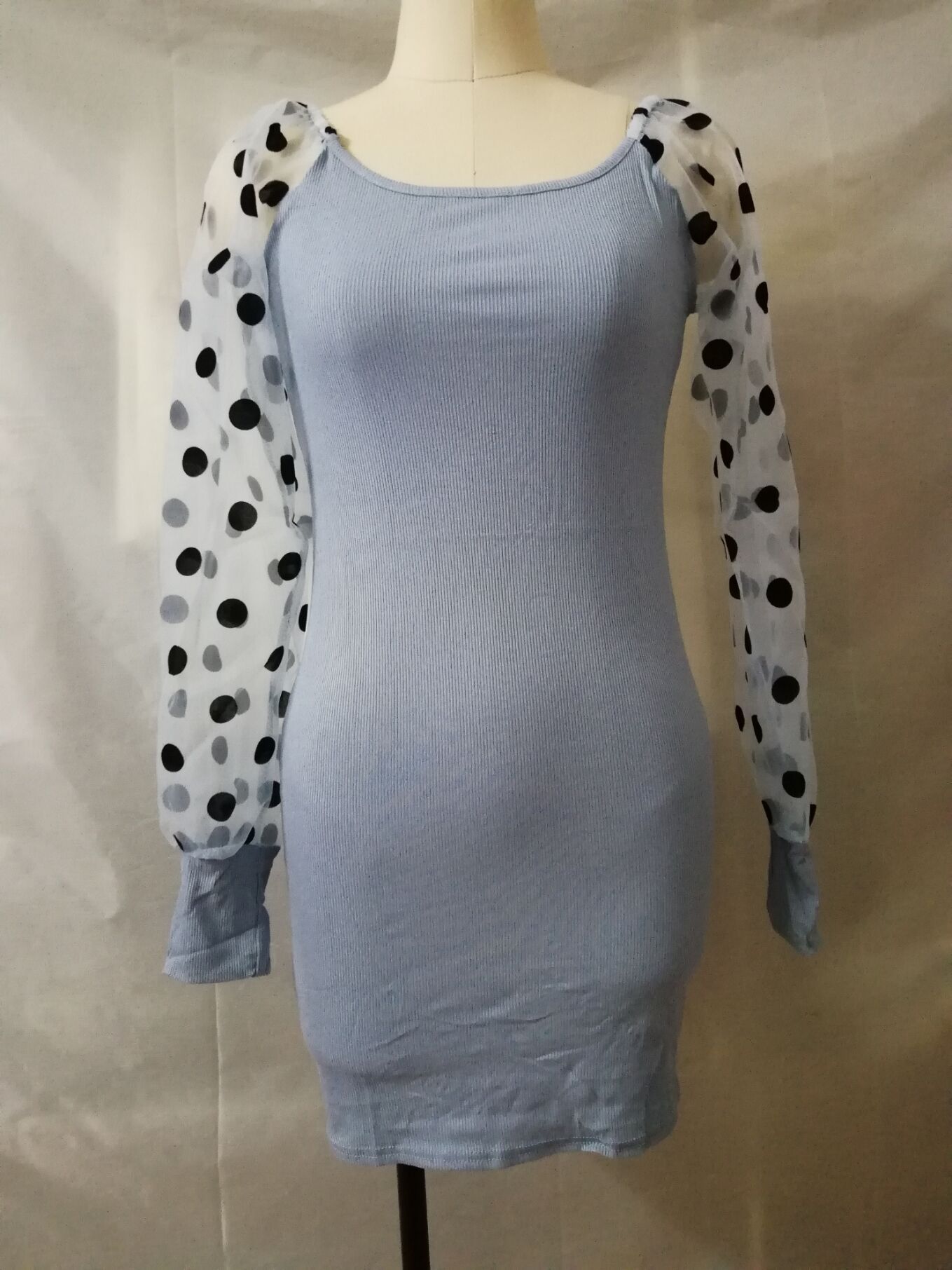 2021 High quality Women Puff Sleeve Polka Dot Mesh Stitching Dress Autumn Long Sleeve Square Collar Bodycon Dress
