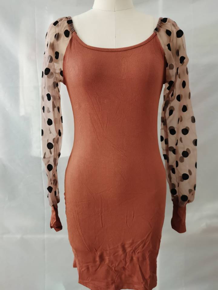 2021 High quality Women Puff Sleeve Polka Dot Mesh Stitching Dress Autumn Long Sleeve Square Collar Bodycon Dress