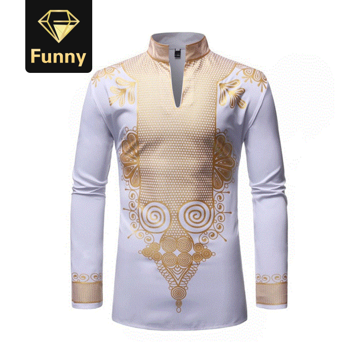 2021 High quality Men's Mandarin Collar Dashiki Shirt  Print Long Sleeve Shirts Mens African Clothing
