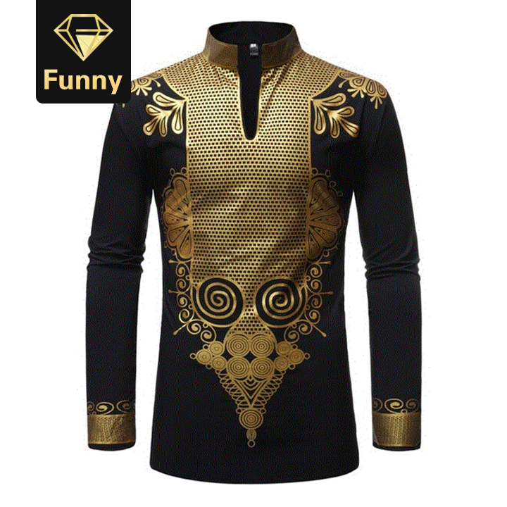 2021 High quality Men's Mandarin Collar Dashiki Shirt  Print Long Sleeve Shirts Mens African Clothing