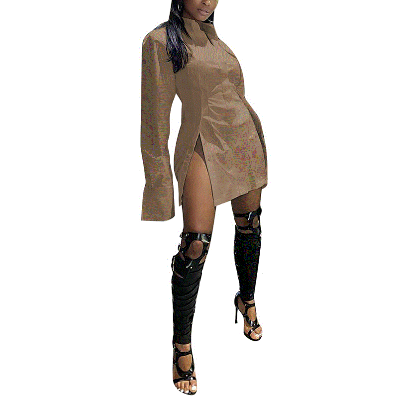 2021 High quality Women Autumn Patchwork Irregular Split Midi Dress Sexy Slim Long Sleeve Dress Single-Breasted Dress