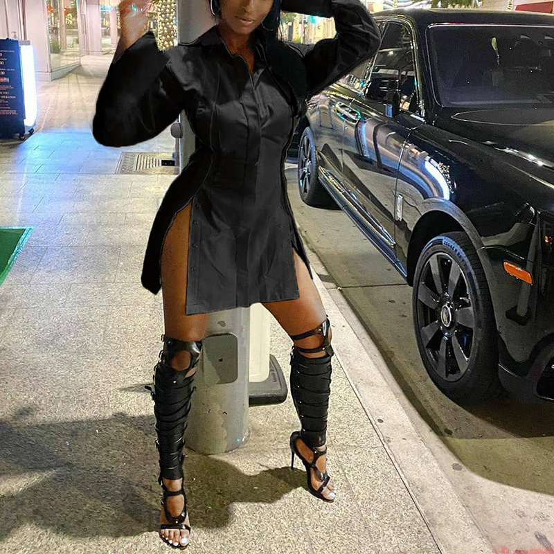 2021 High quality Women Autumn Patchwork Irregular Split Midi Dress Sexy Slim Long Sleeve Dress Single-Breasted Dress