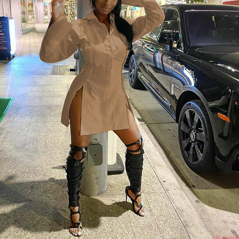 2021 High quality Women Autumn Patchwork Irregular Split Midi Dress Sexy Slim Long Sleeve Dress Single-Breasted Dress