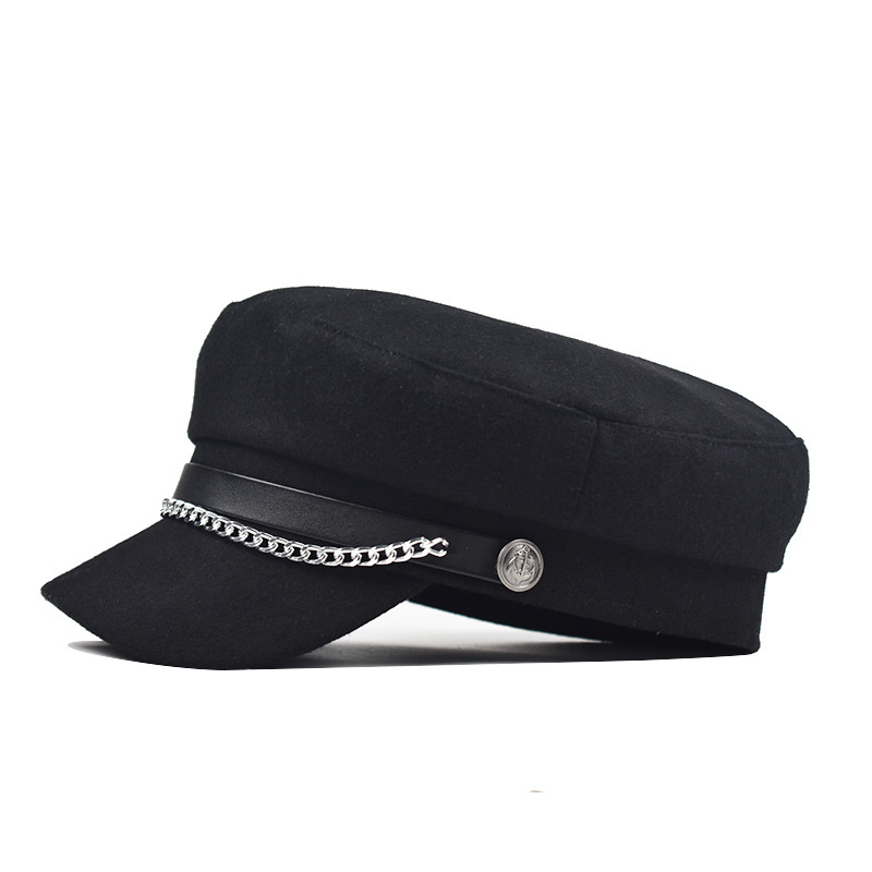 2021 High quality Winter Chain Black Wool Military Berets for Women Female Flat Army Hat Girl Travel Berets Ladies Cap