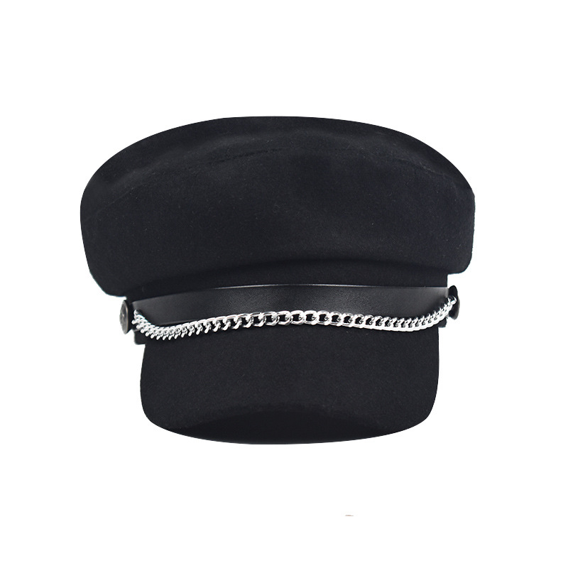2021 High quality Winter Chain Black Wool Military Berets for Women Female Flat Army Hat Girl Travel Berets Ladies Cap
