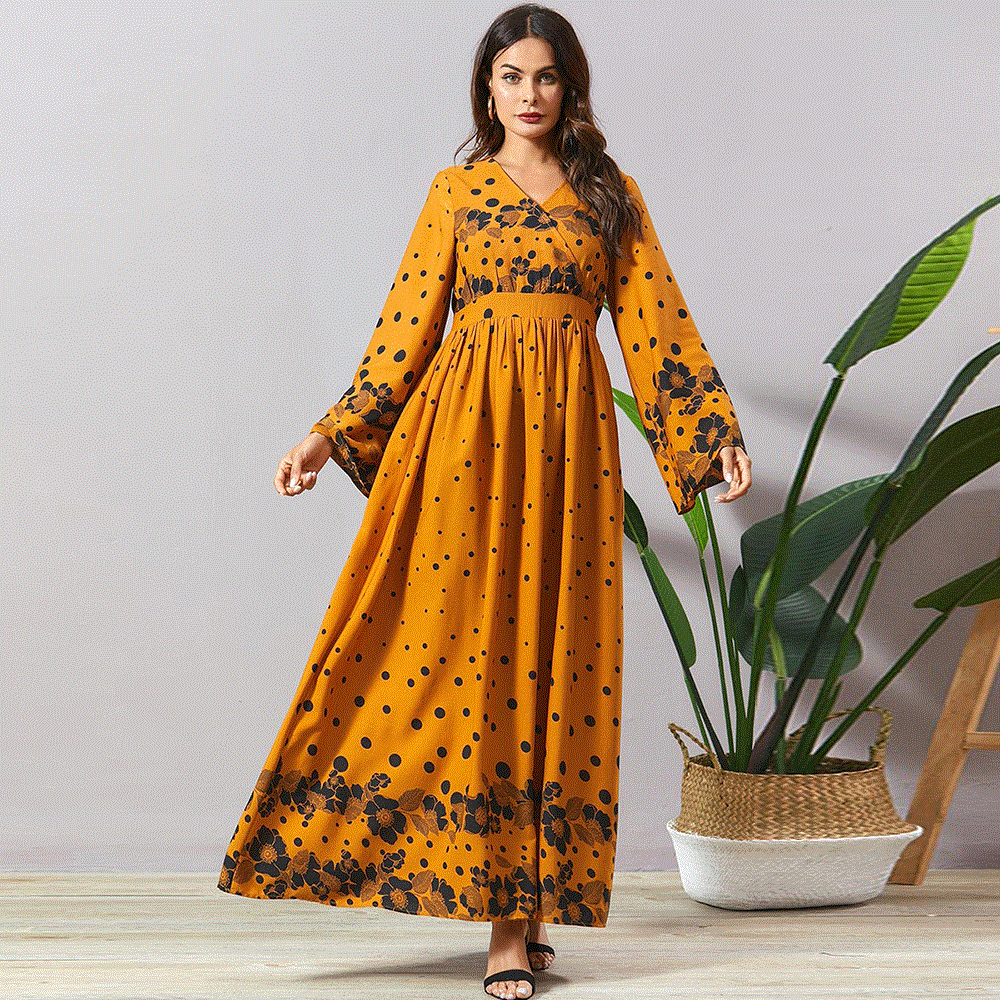 2021 High quality Full Sleeve Maxi Dress Yellow V Neck  A Line Long Dress Spring  High Waist Swing Women Clothing