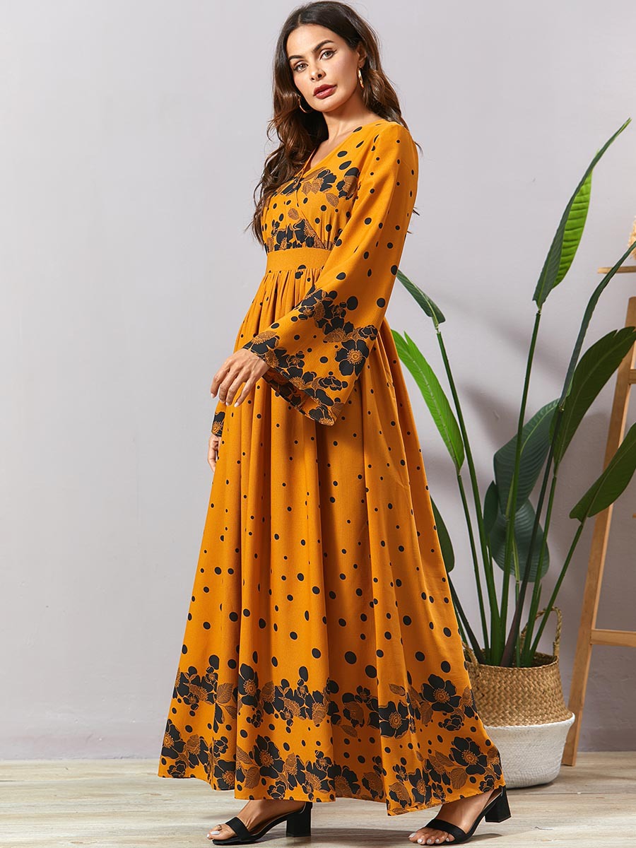 2021 High quality Full Sleeve Maxi Dress Yellow V Neck  A Line Long Dress Spring  High Waist Swing Women Clothing