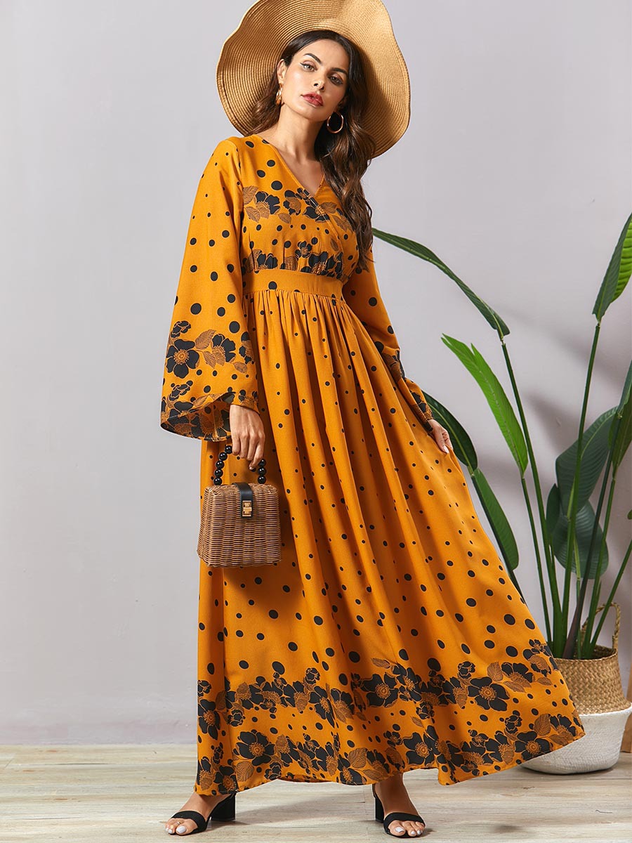 2021 High quality Full Sleeve Maxi Dress Yellow V Neck  A Line Long Dress Spring  High Waist Swing Women Clothing