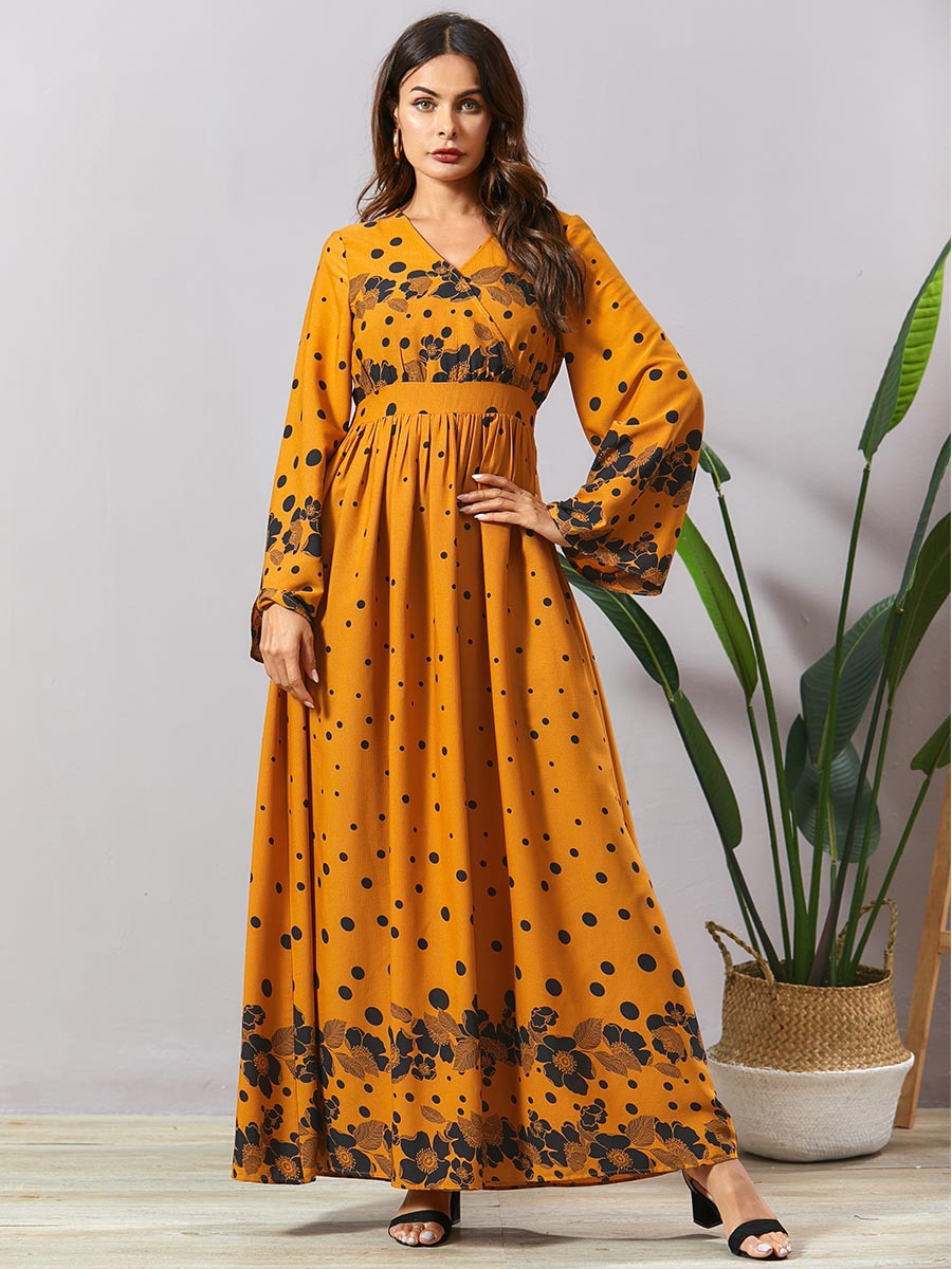 2021 High quality Full Sleeve Maxi Dress Yellow V Neck  A Line Long Dress Spring  High Waist Swing Women Clothing