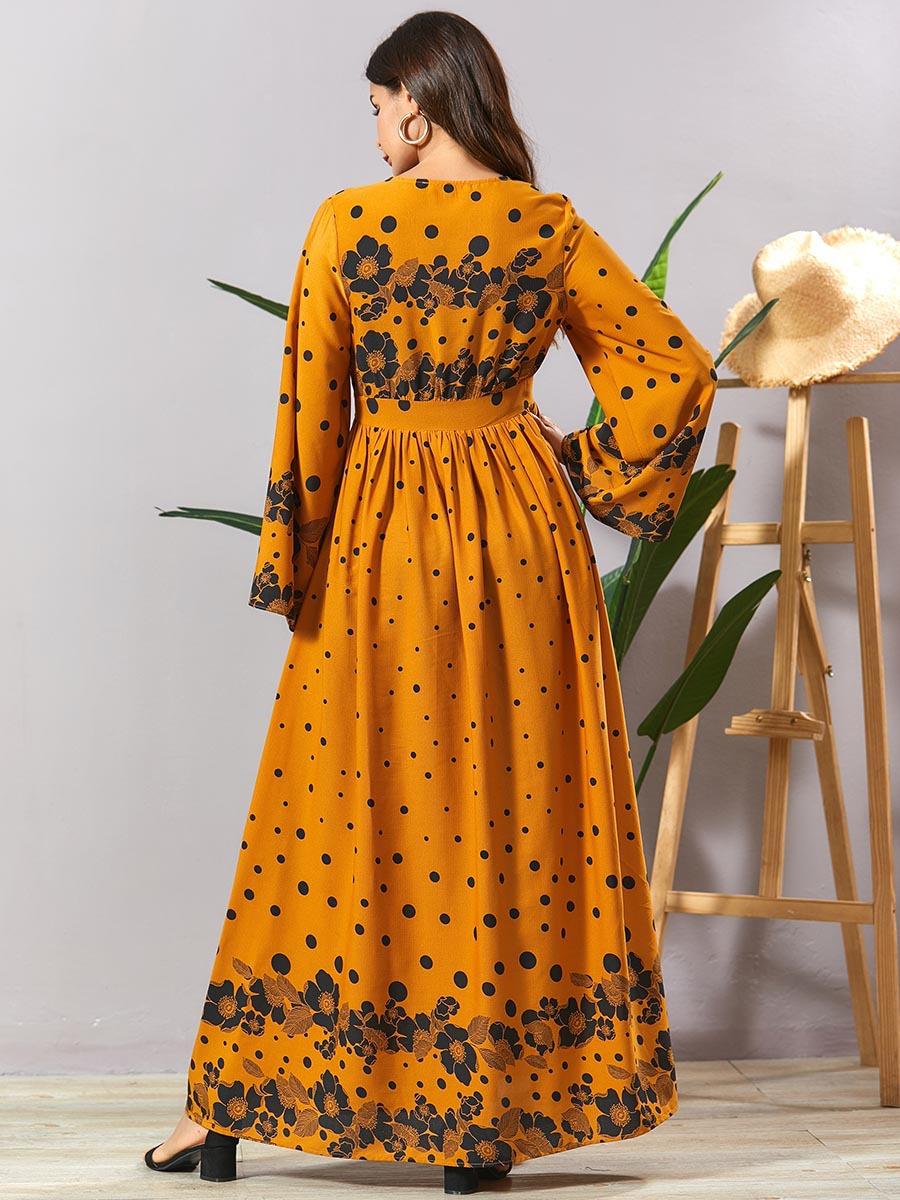 2021 High quality Full Sleeve Maxi Dress Yellow V Neck  A Line Long Dress Spring  High Waist Swing Women Clothing
