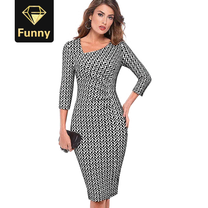 2021 High quality Elegant Vintage Printed Work Office vestidos Business Party Bodycon Women Pencil Dress