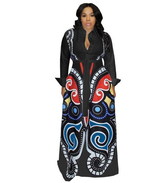 2021 High quality African Dress Autumn And Winter Printing Slim Sleeved Dress Fashion African Women Clothing