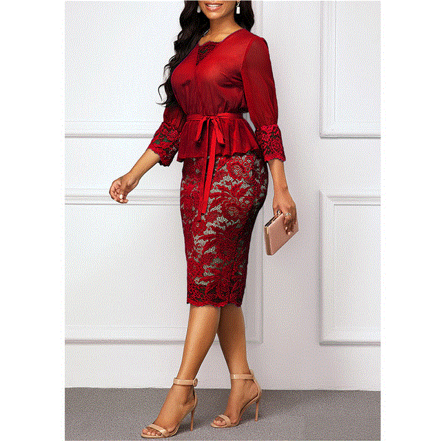 2021 High quality Summer Autumn Dress Women Casual Slim Patchwork Lace Dresses Elegant Sexy V Neck Long Party Dress