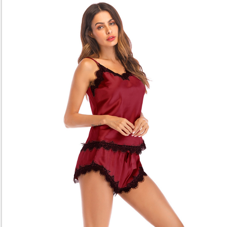 2021 High quality Women's Sleepwear Sexy Satin Set Black Lace V-Neck Pyjamas Sleeveless Cute Top and Shorts Pijama