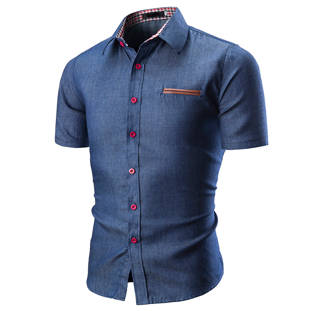 2021 High quality Fashion Denim Shirt Men Slim Fit  Men Shirt Fashion Solid Color Male Casual Short Sleeve Shirt