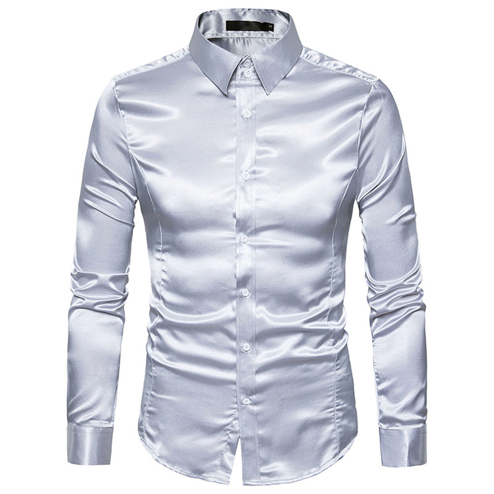 2021 High quality Men Silk Shirt Men Satin Smooth Tuxedo Business Shirt Men Casual Slim Fit Shiny Wedding Dress Shirts