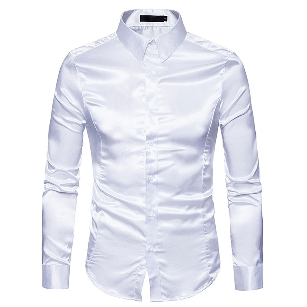 2021 High quality Men Silk Shirt Men Satin Smooth Tuxedo Business Shirt Men Casual Slim Fit Shiny Wedding Dress Shirts