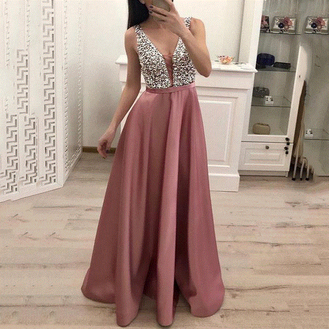 2021 High quality Women Sequined splice Wedding Party Dress Sleeveless V-neck Elegant Chiffon Bridesmaid Dinner Dress