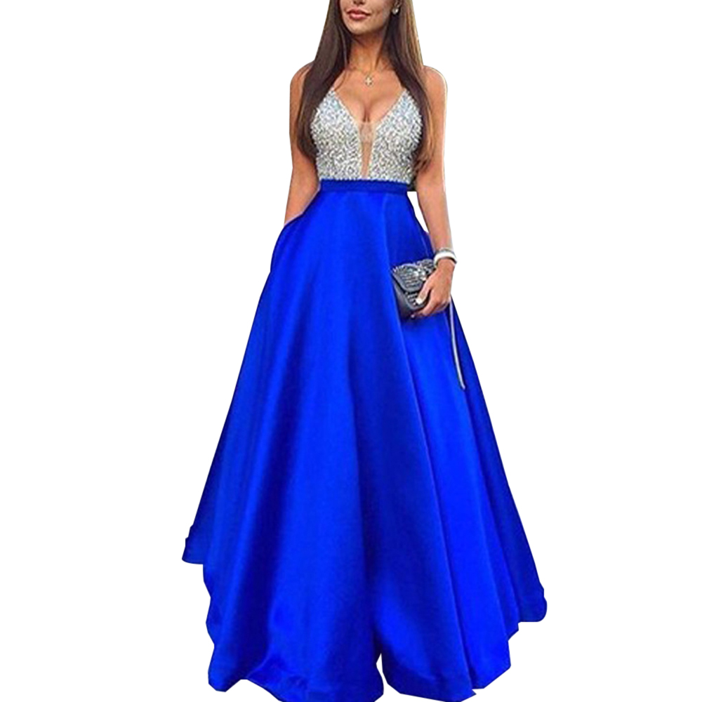 2021 High quality Women Sequined splice Wedding Party Dress Sleeveless V-neck Elegant Chiffon Bridesmaid Dinner Dress