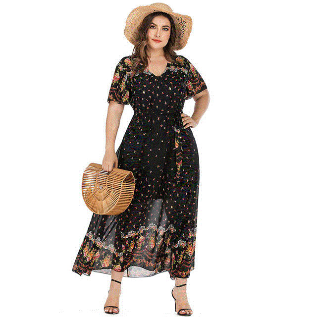 2021 High quality Plus Size Boho Dress Women Summer V Neck Short Sleeve Flower Print Chiffon Beach Dress Long Dresses