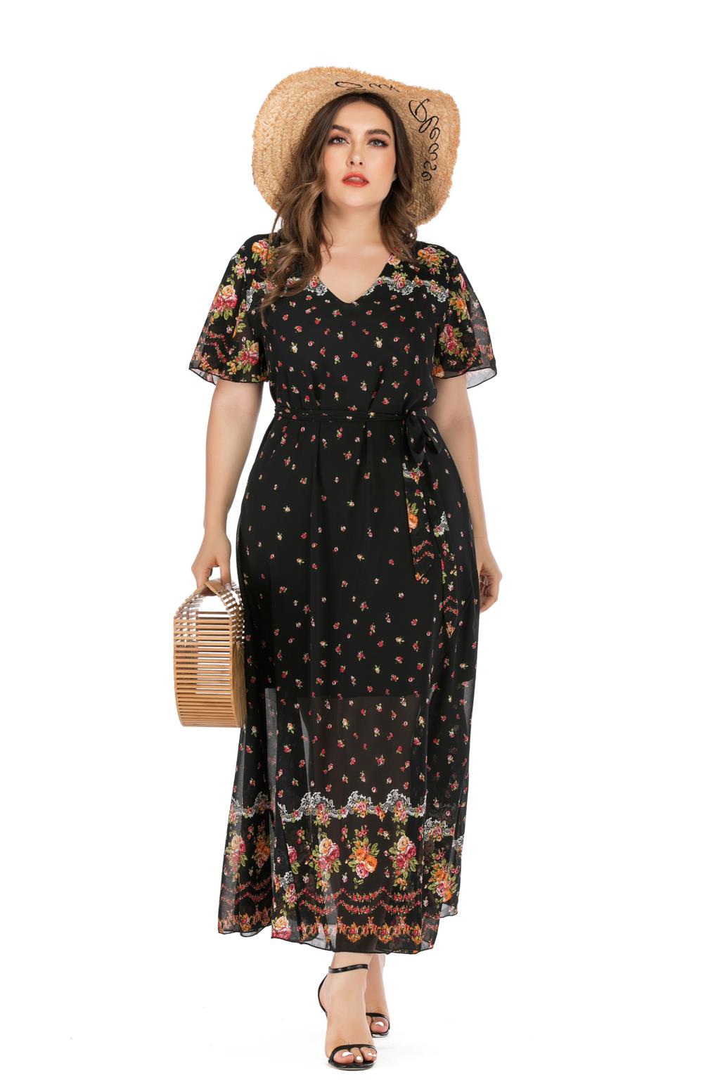 2021 High quality Plus Size Boho Dress Women Summer V Neck Short Sleeve Flower Print Chiffon Beach Dress Long Dresses