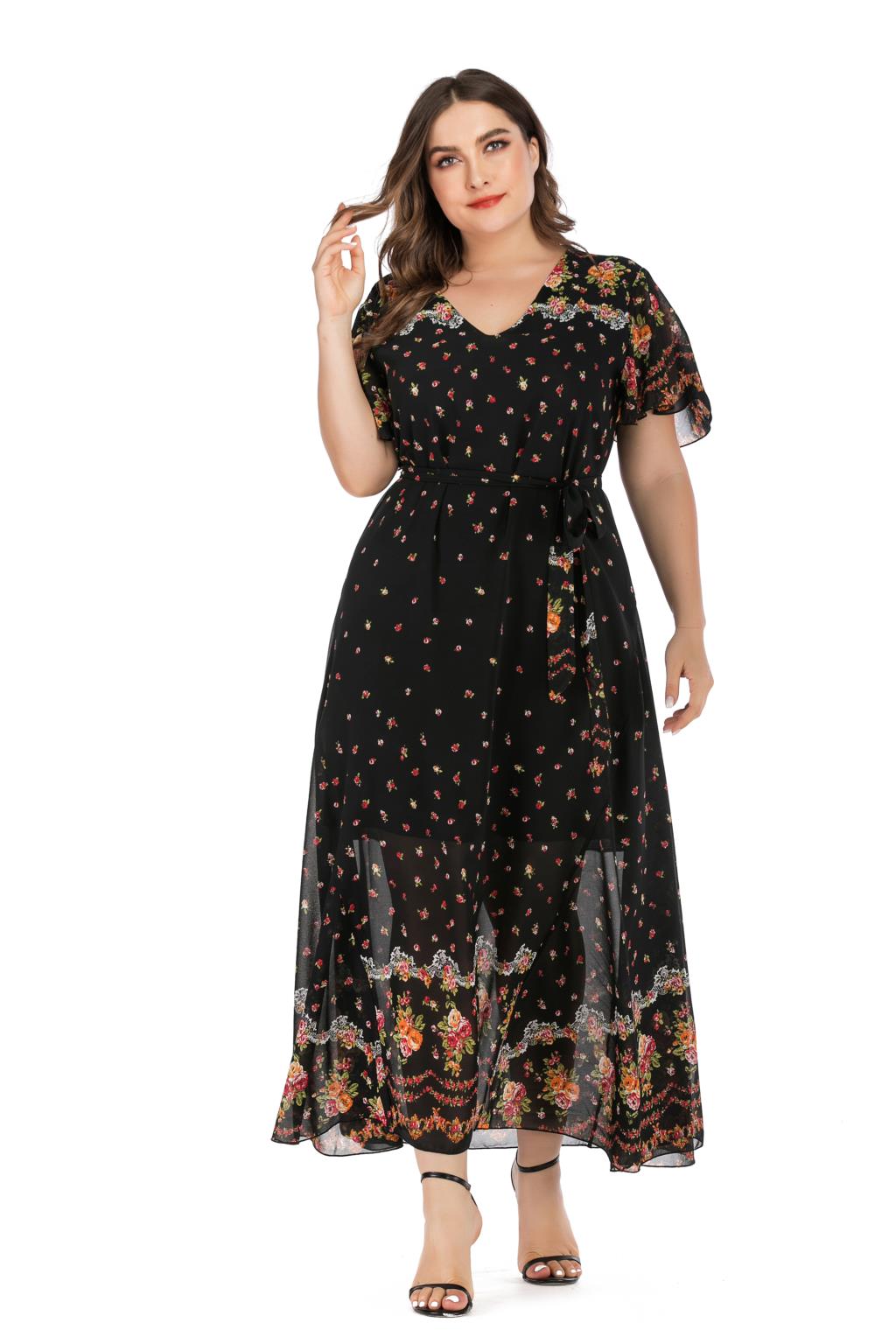 2021 High quality Plus Size Boho Dress Women Summer V Neck Short Sleeve Flower Print Chiffon Beach Dress Long Dresses