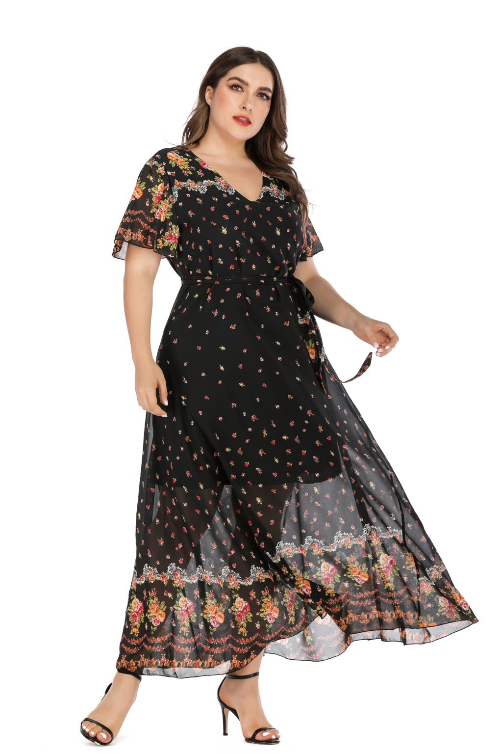 2021 High quality Plus Size Boho Dress Women Summer V Neck Short Sleeve Flower Print Chiffon Beach Dress Long Dresses
