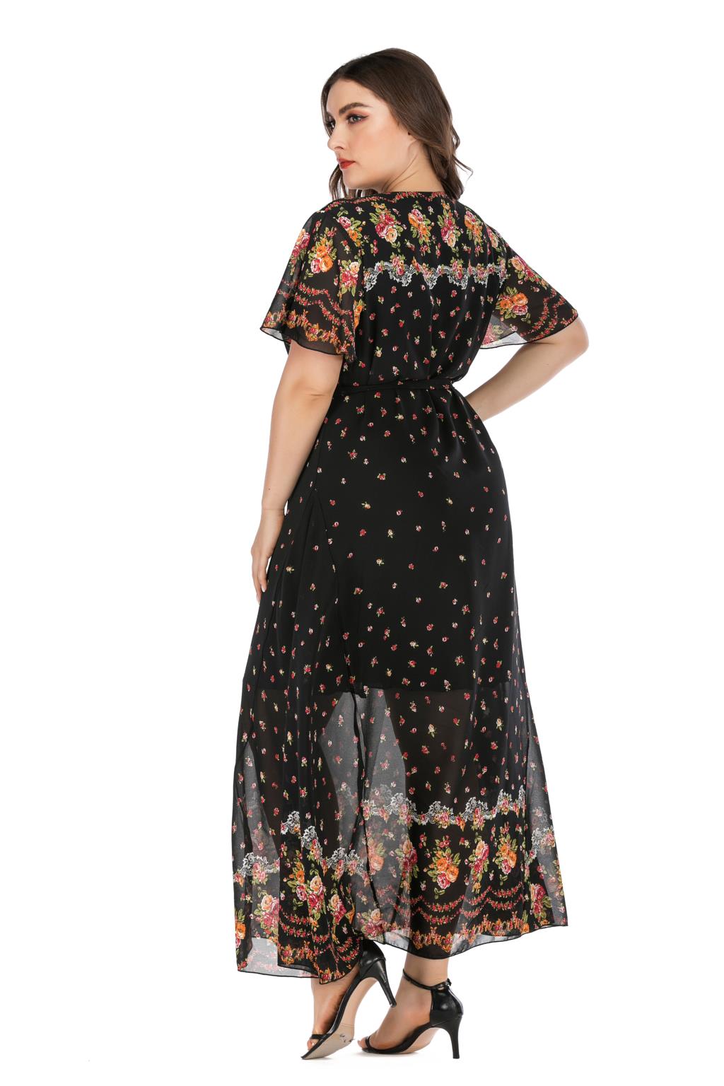 2021 High quality Plus Size Boho Dress Women Summer V Neck Short Sleeve Flower Print Chiffon Beach Dress Long Dresses