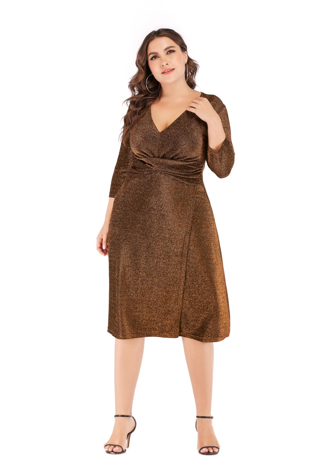 2021 High quality Fashion Sequined Party Dresses Evening Women V Neck High Waist Midi Dress Plus Size Women Clothing