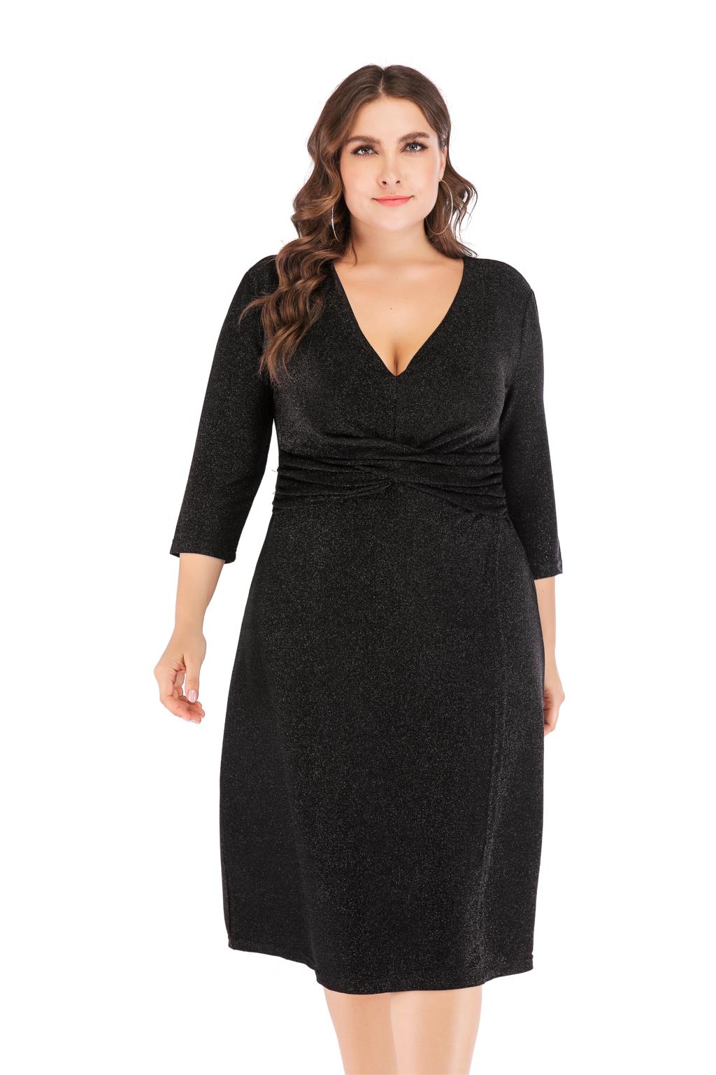 2021 High quality Fashion Sequined Party Dresses Evening Women V Neck High Waist Midi Dress Plus Size Women Clothing