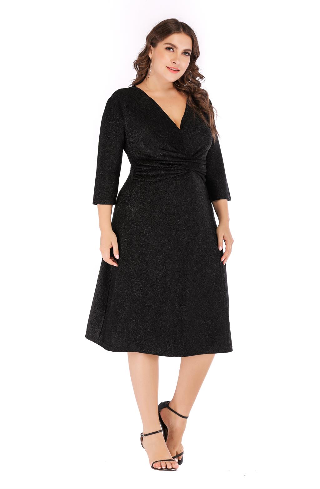 2021 High quality Fashion Sequined Party Dresses Evening Women V Neck High Waist Midi Dress Plus Size Women Clothing