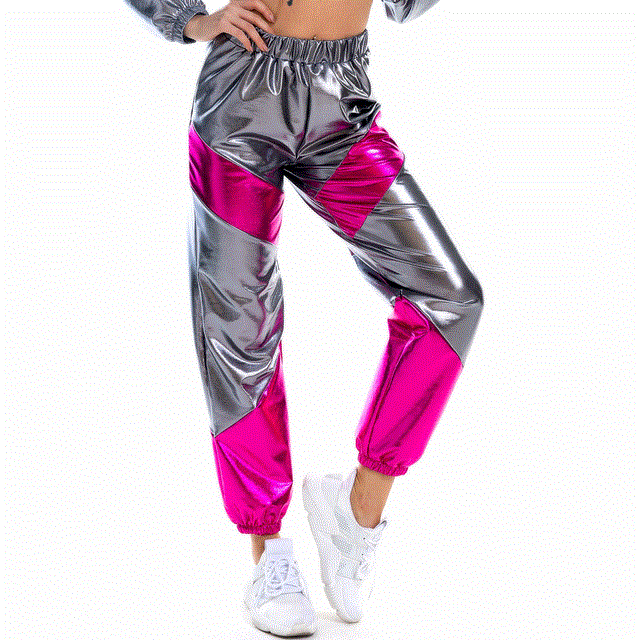2021 High quality Women Reflective Long Pants with Pockets High Waist Loose  Patchwork Trousers Club Jogger Pants