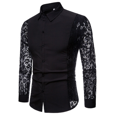 2021 High quality Mens Flower Patchwork Embroidery Lace Shirt Fashion Transparent Sexy Dress Shirts Mens Club Chemise