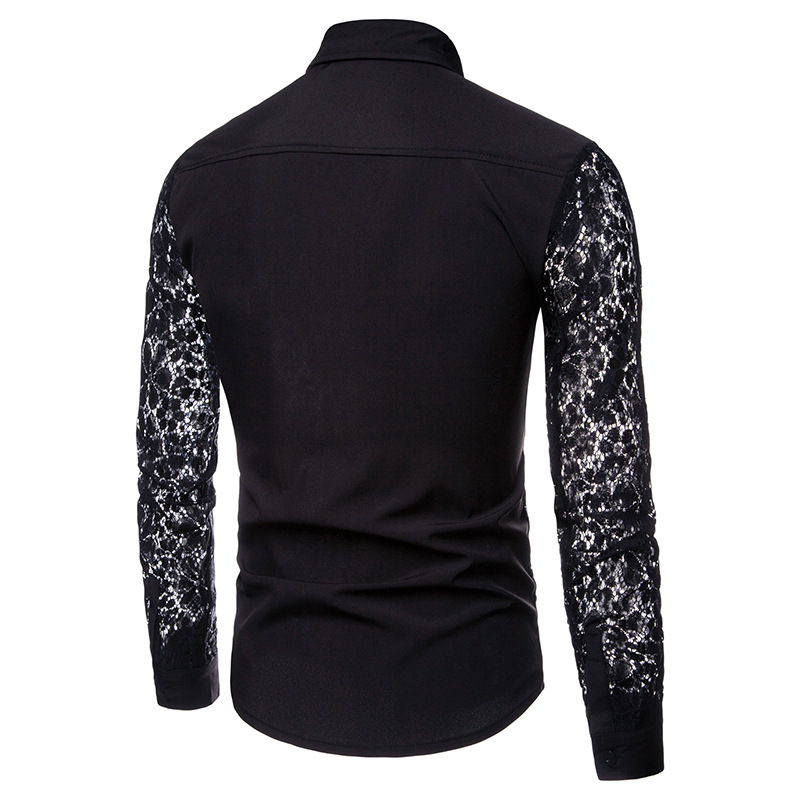 2021 High quality Mens Flower Patchwork Embroidery Lace Shirt Fashion Transparent Sexy Dress Shirts Mens Club Chemise